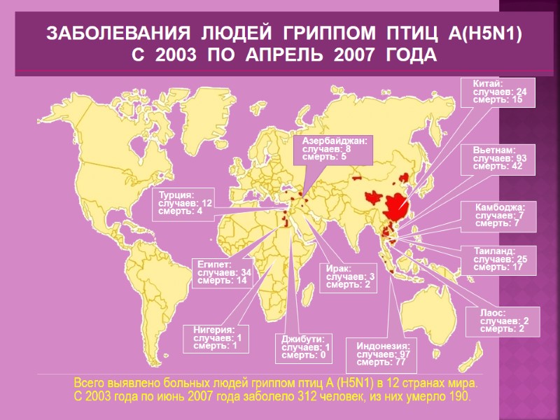 Всего выявлено больных людей гриппом птиц А (H5N1) в 12 странах мира.  С